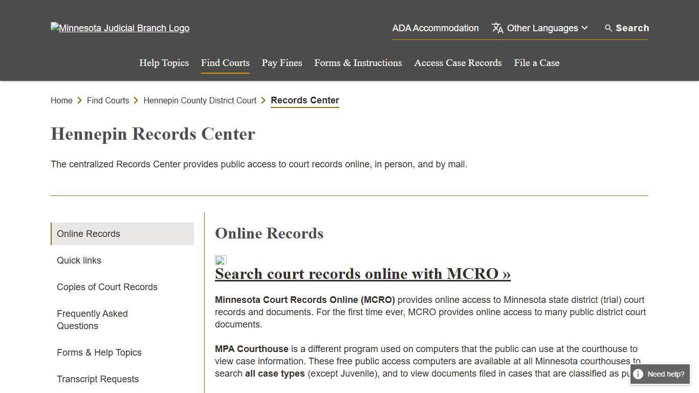 Records Center - Hennepin County District Court